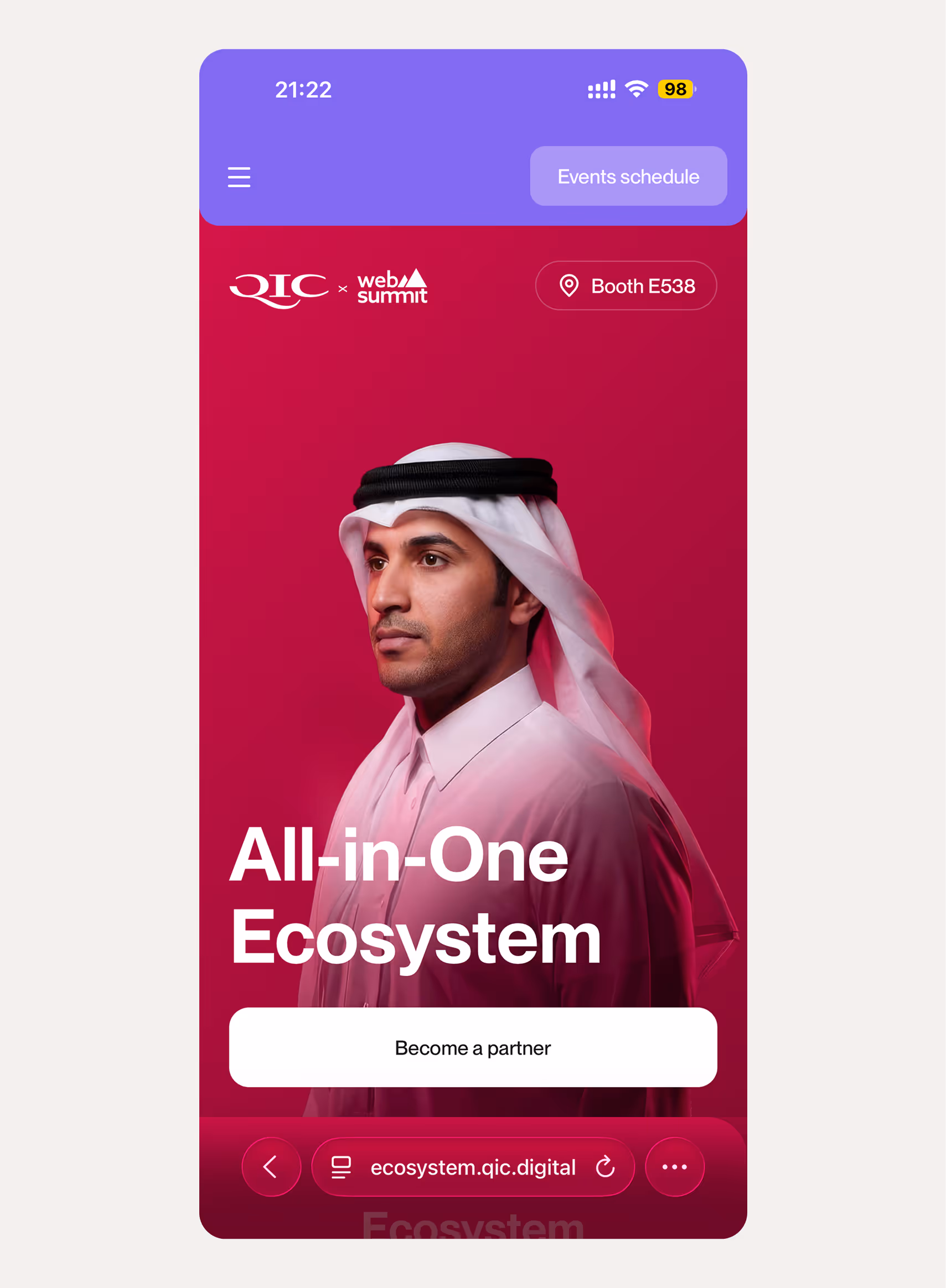 Mobile screen showing QIC and Web Summit collaboration with a man in traditional Middle Eastern attire, text 'All-in-One Ecosystem', and a 'Become a partner' button.