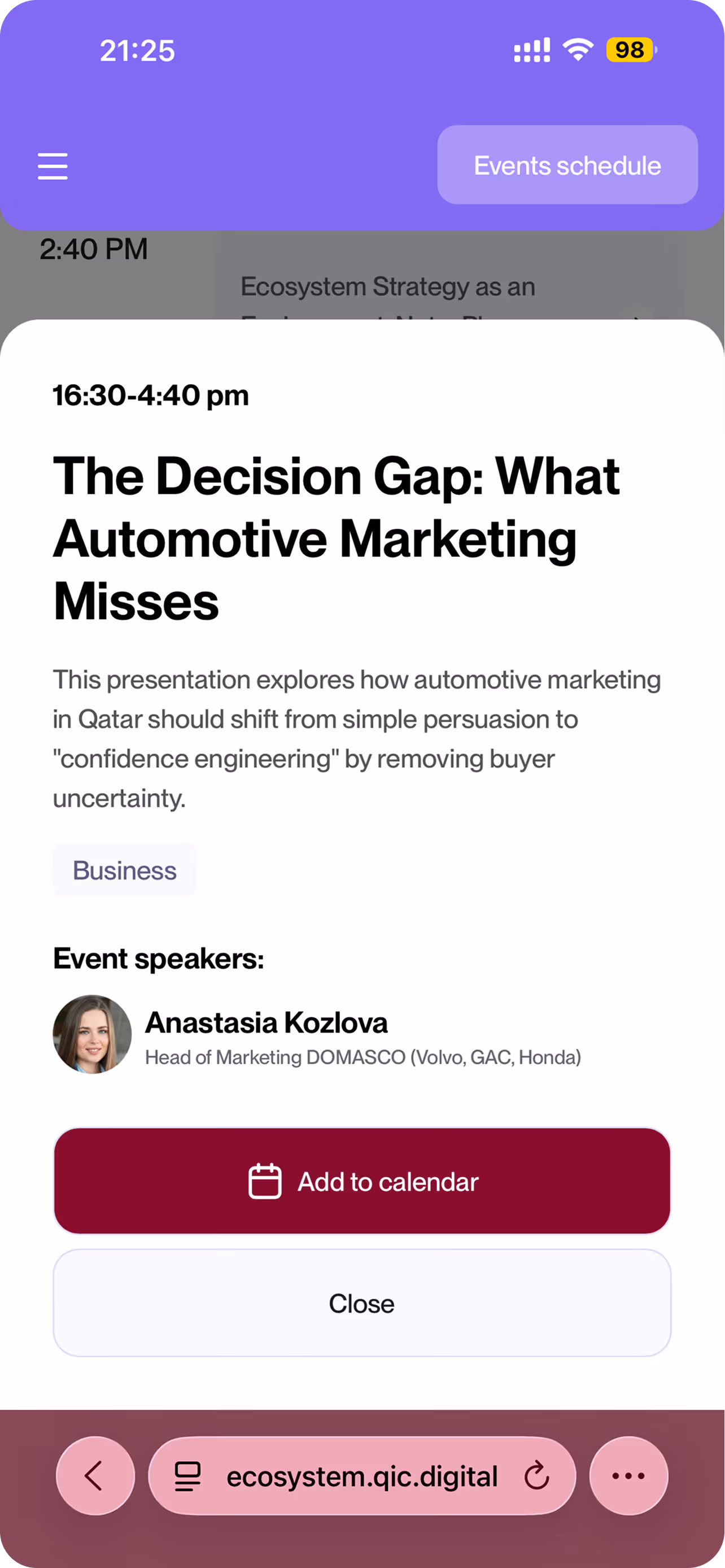 Mobile screen showing event details for 'The Decision Gap: What Automotive Marketing Misses' from 16:30 to 4:40 pm, featuring speaker Anastasia Kozlova, Head of Marketing at DOMASCO.