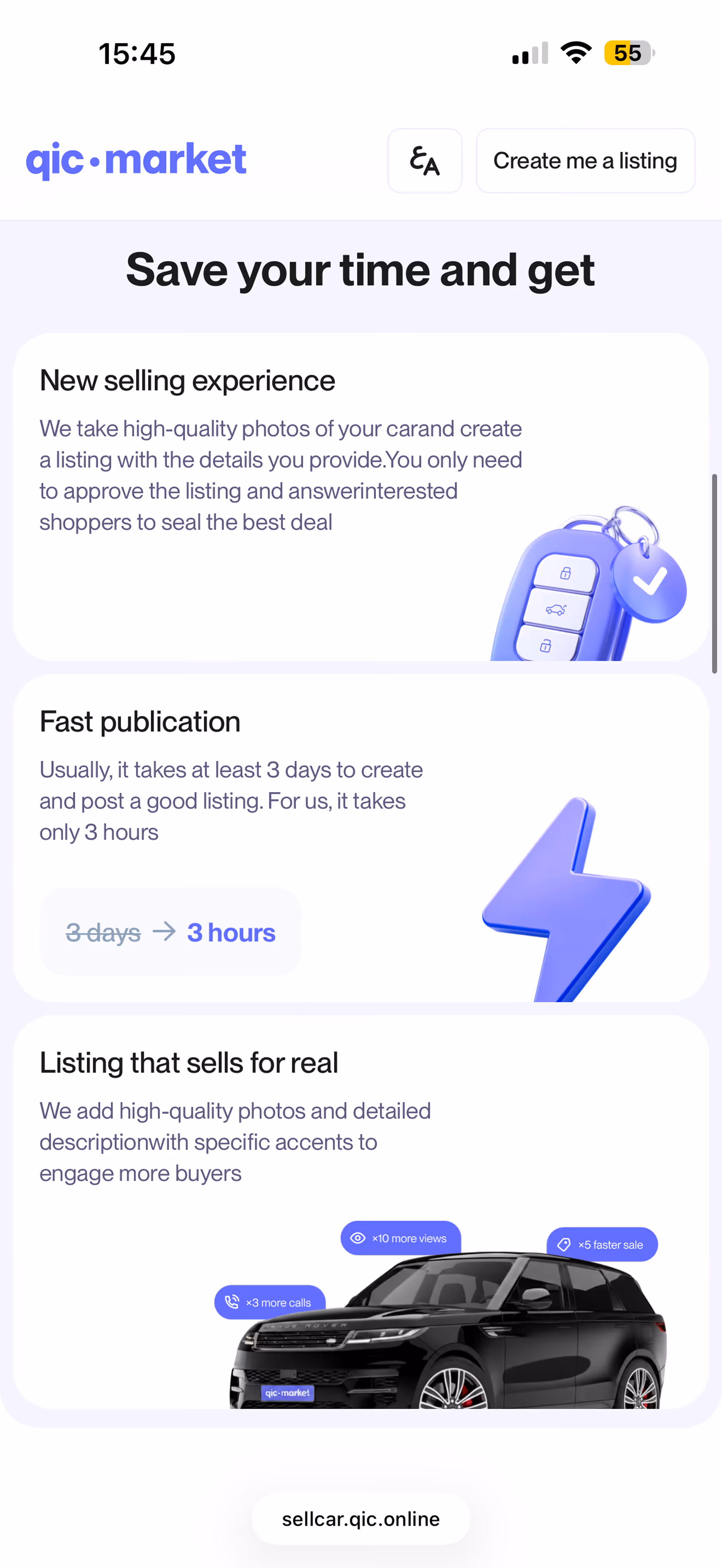 Screenshot of qic market app showing features: new selling experience with high-quality photos, fast publication in 3 hours, and listings that sell with engagement stats next to a black Range Rover car image.