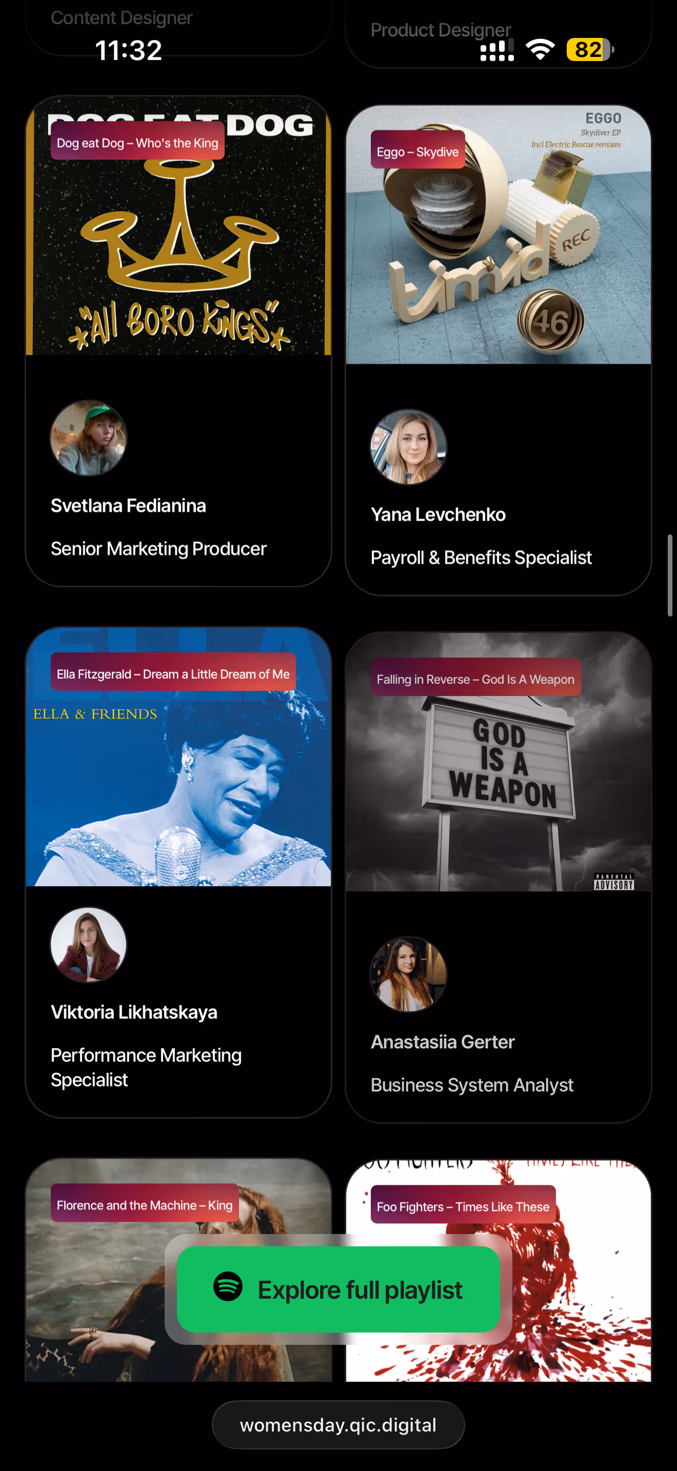 Mobile app screen showing a playlist with six songs and artist photos, including Dog eat Dog, Eggo, Ella Fitzgerald, Falling in Reverse, Florence and the Machine, and Foo Fighters, with a green button labeled 'Explore full playlist.'
