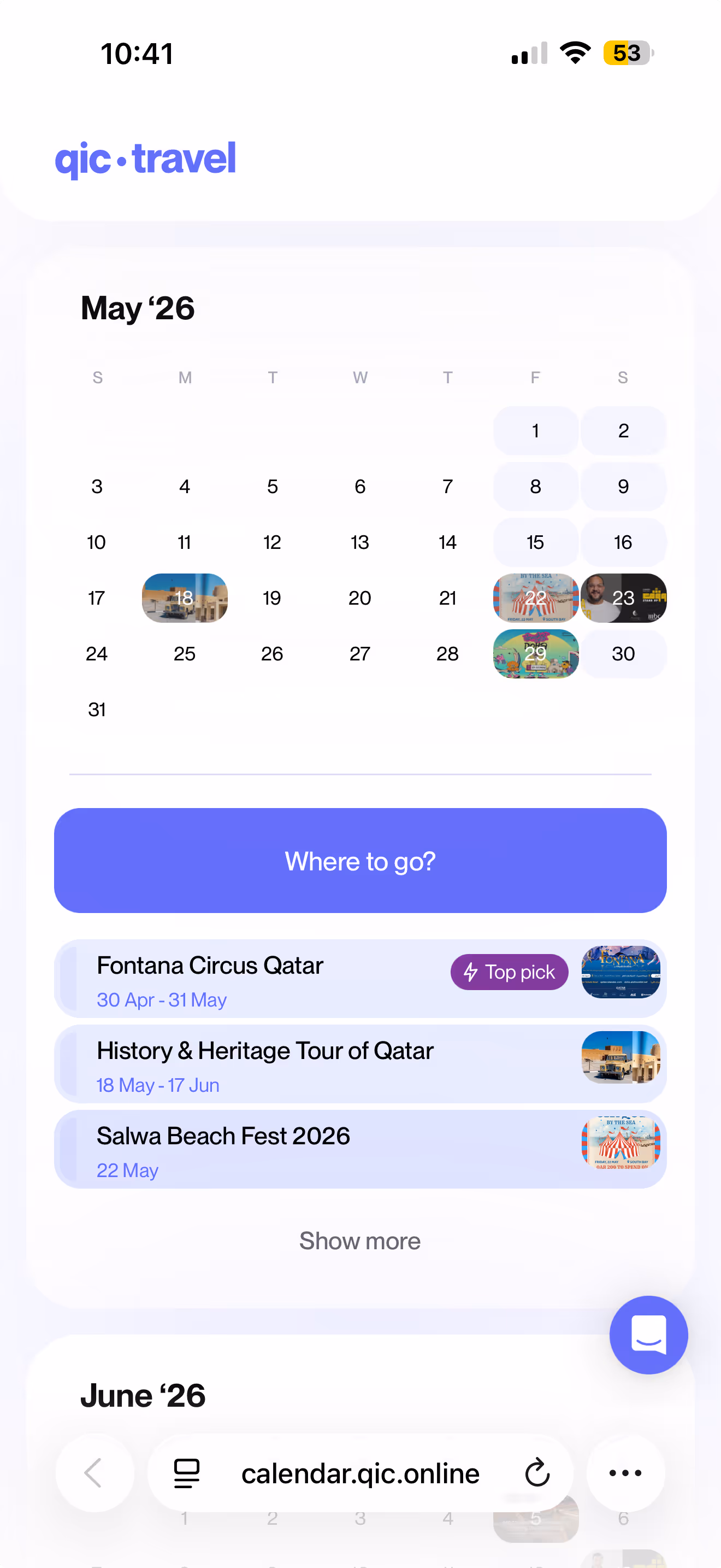 QIC Travel app showing May 2026 calendar with Qatar events: circus, heritage tour, and beach fest.