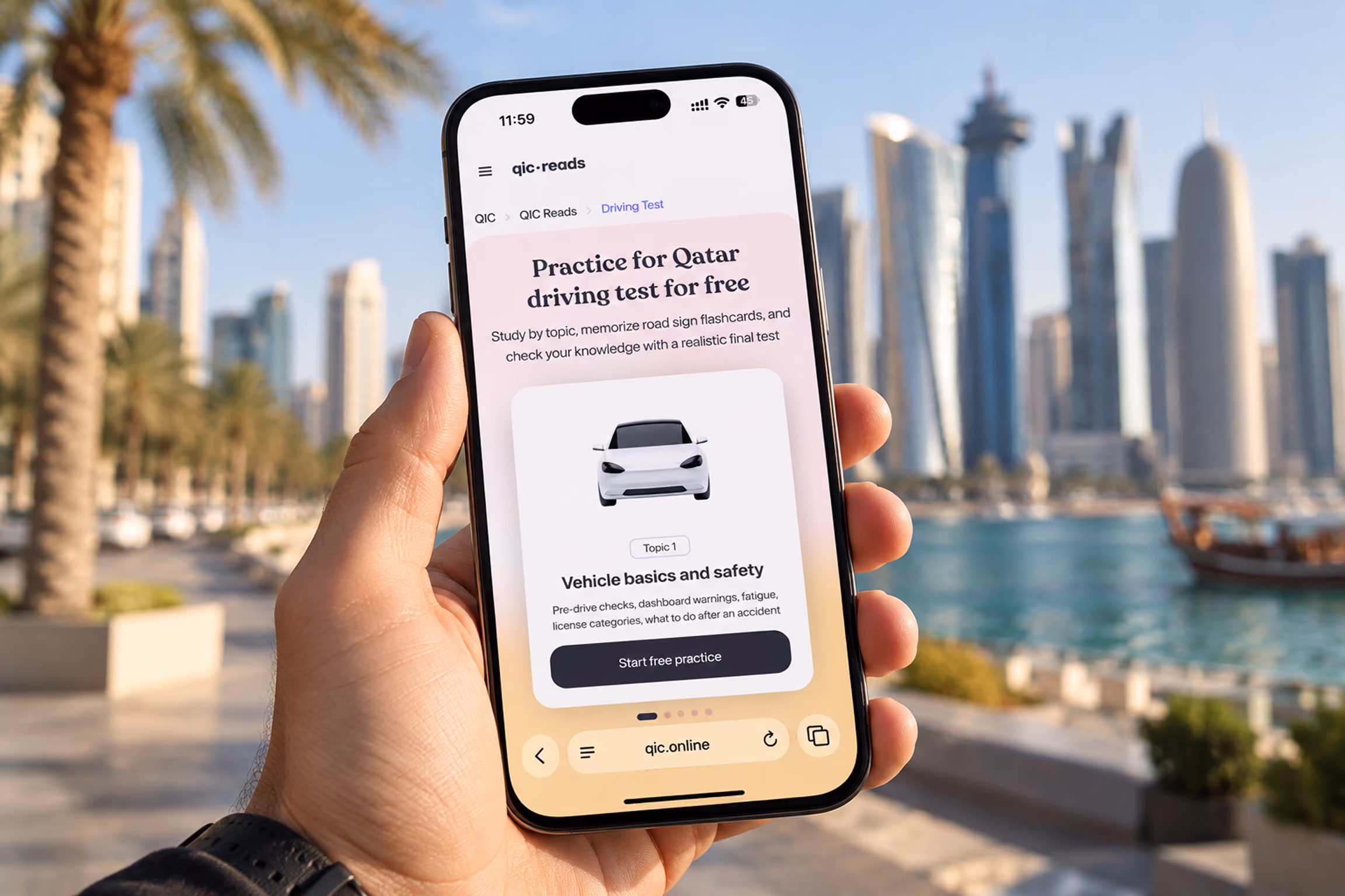 Hand holding a smartphone displaying a driving test practice app titled 'Practice for Qatar driving test for free' with a section on vehicle basics and safety, set against an urban waterfront background with palm trees and skyscrapers.