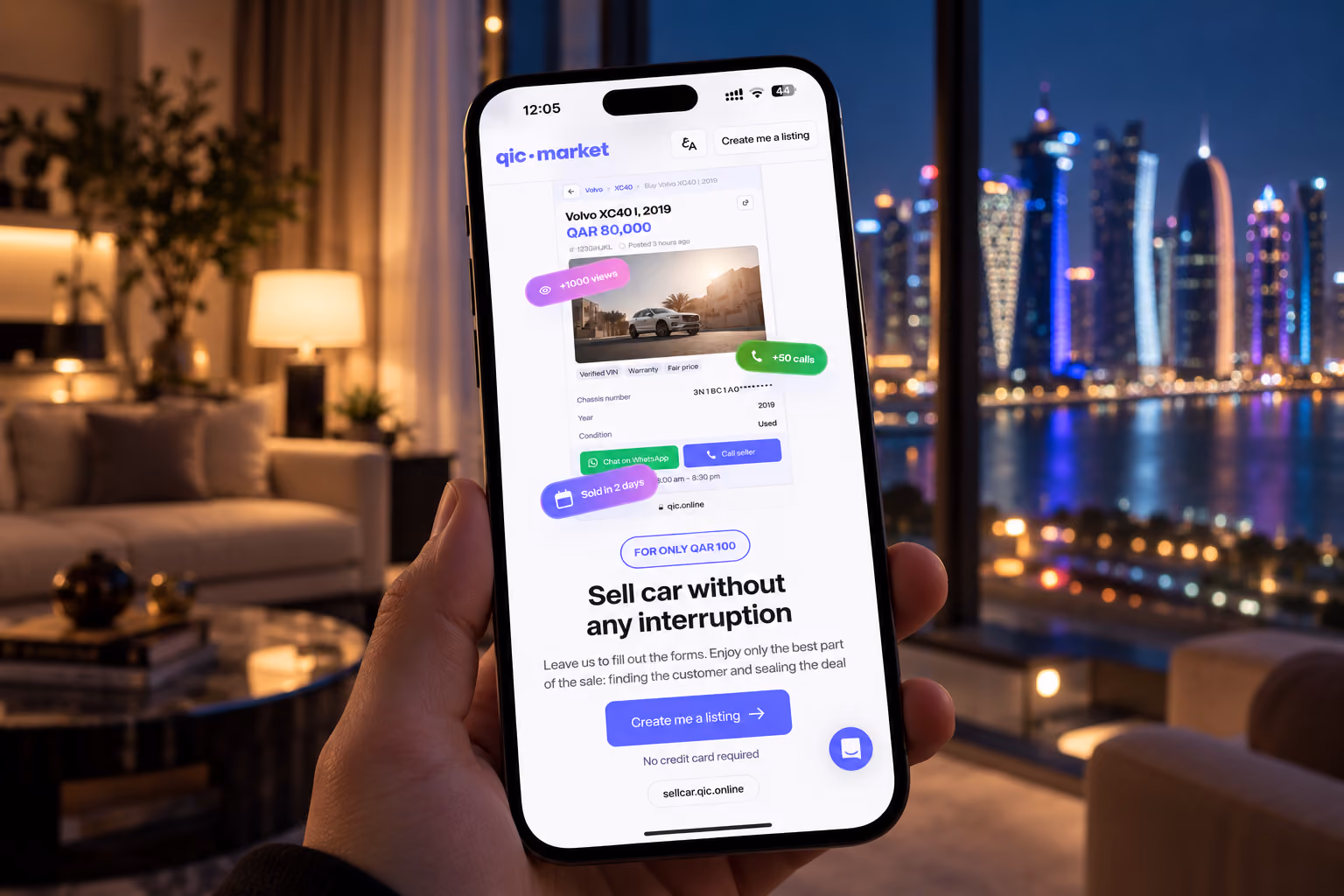 Hand holding a smartphone displaying a car selling app interface with a listing for a used 2019 Volvo XC40 priced at QAR 80,000, showing details like verified VIN, warranty, condition, and sale status, against an evening city skyline backdrop with illuminated buildings and waterfront.
