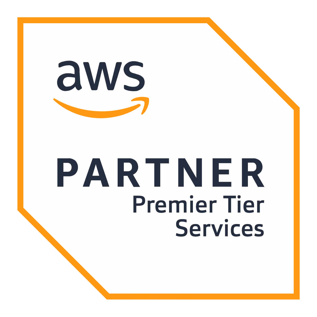 AWS Partner Premier Tier Services badge with orange border and Amazon smile logo.
