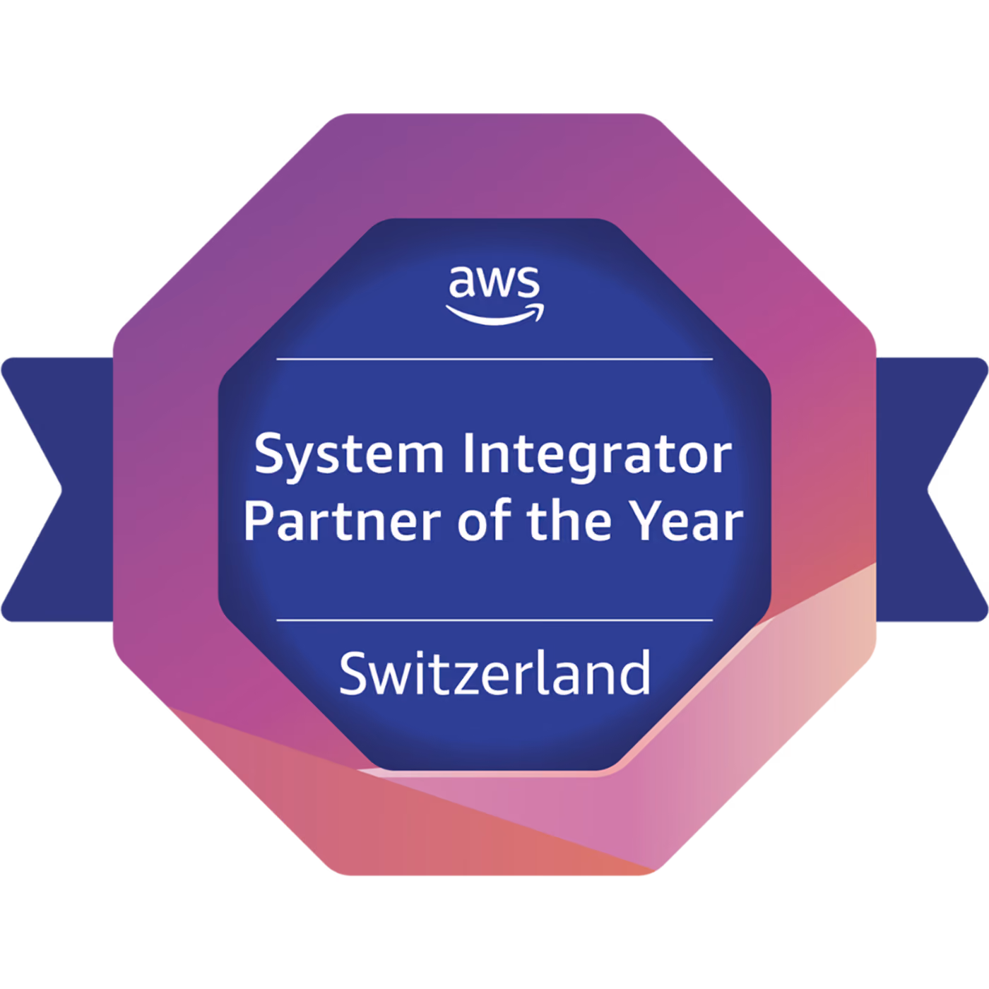 AWS System Integrator Partner of the Year badge for Switzerland with a purple ribbon background.