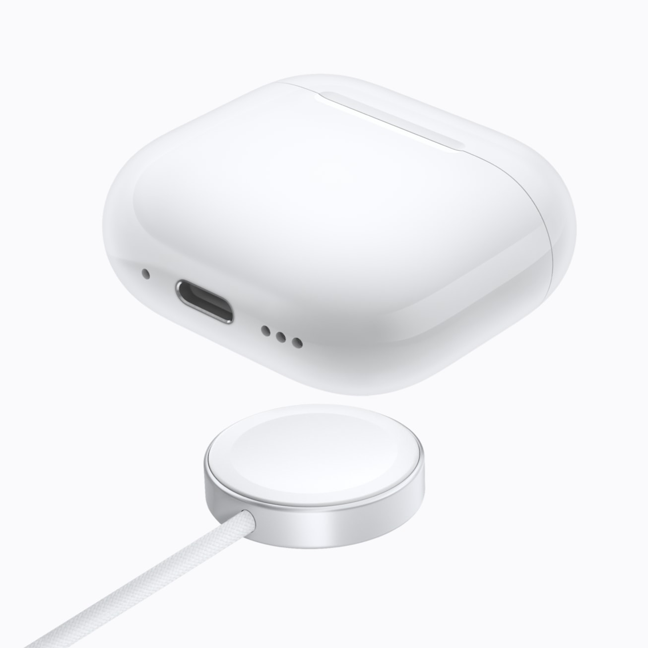 Draadloze oplaadcase van de AirPods 5 met USB-C-poort en Apple Watch-lader