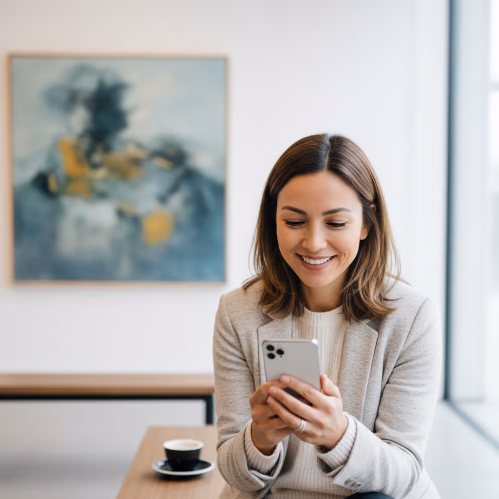 Professional using smartphone with Purple WiFi in Art Galleries environment