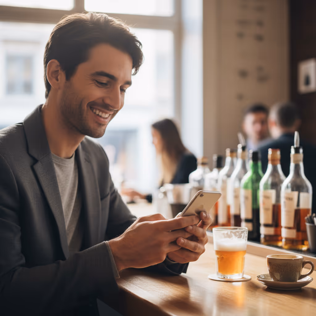 Professional using smartphone with Purple WiFi in Bars environment