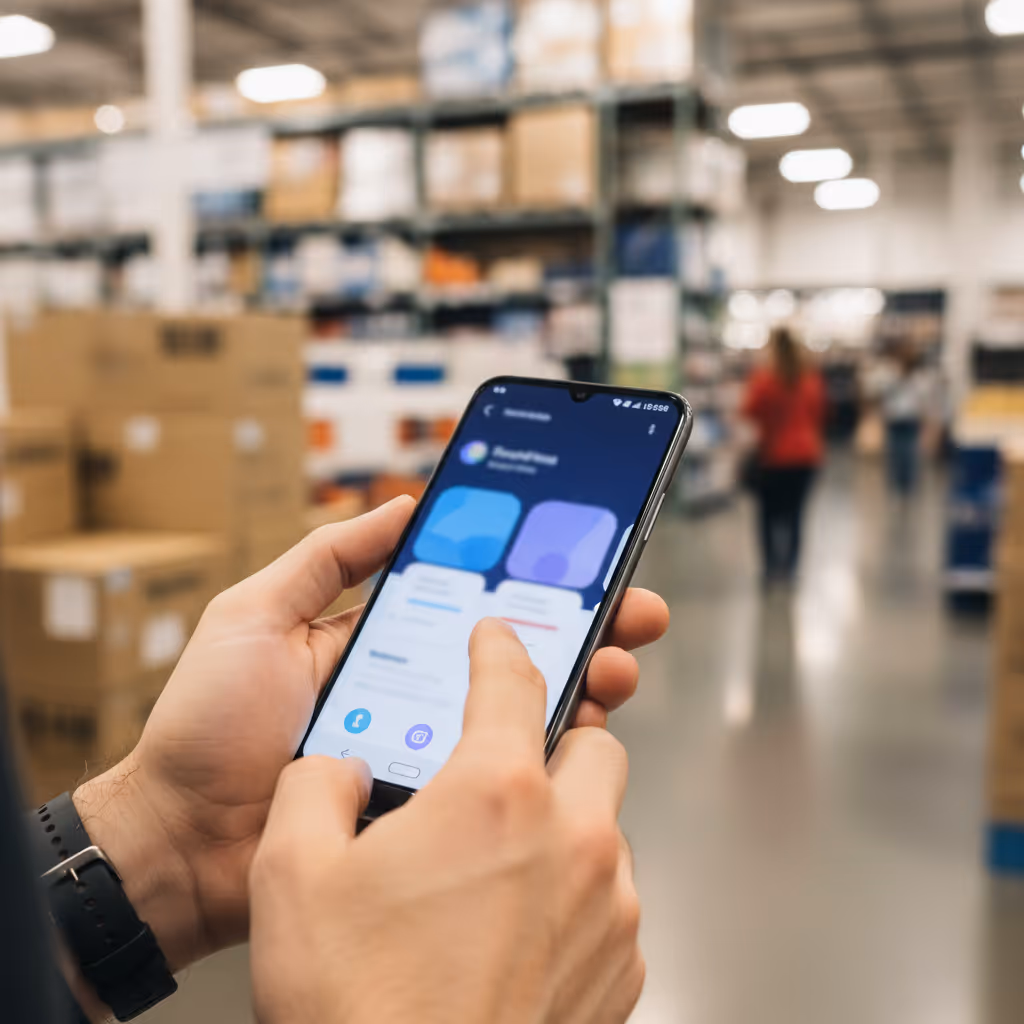 Close-up of user interacting with smartphone connected to Purple WiFi in Big Box Retail setting