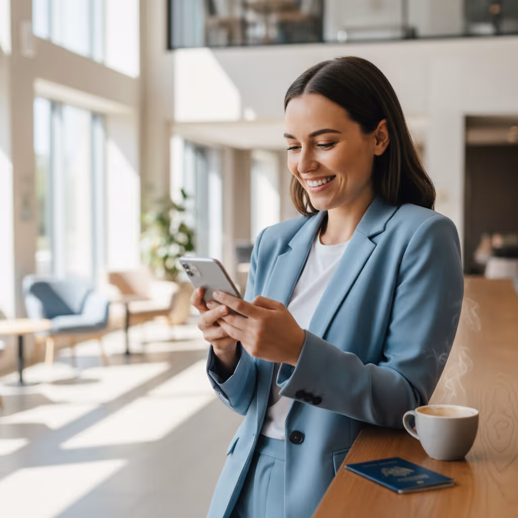 Professional using smartphone with Purple WiFi in Built to Rent environment