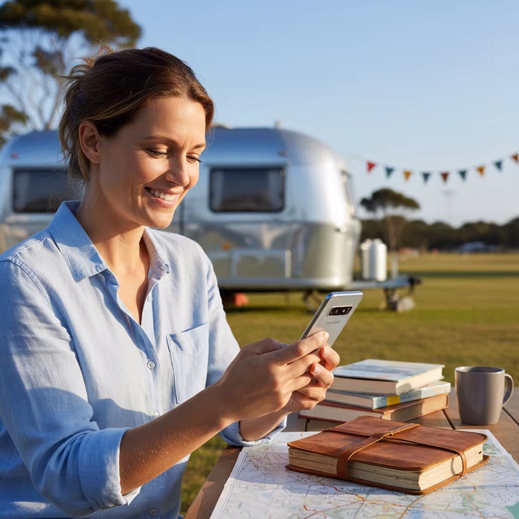 Professional using smartphone with Purple WiFi in Caravan Parks environment
