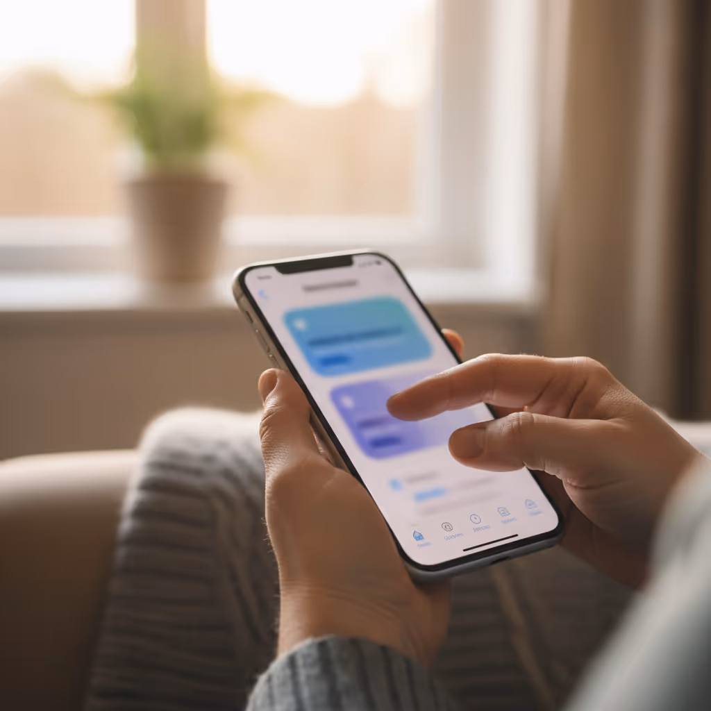 Close-up of user interacting with smartphone connected to Purple WiFi in Care Homes setting