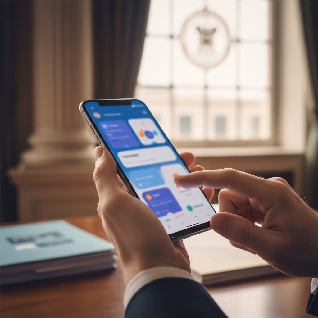 Close-up of user interacting with smartphone connected to Purple WiFi in Central Government setting