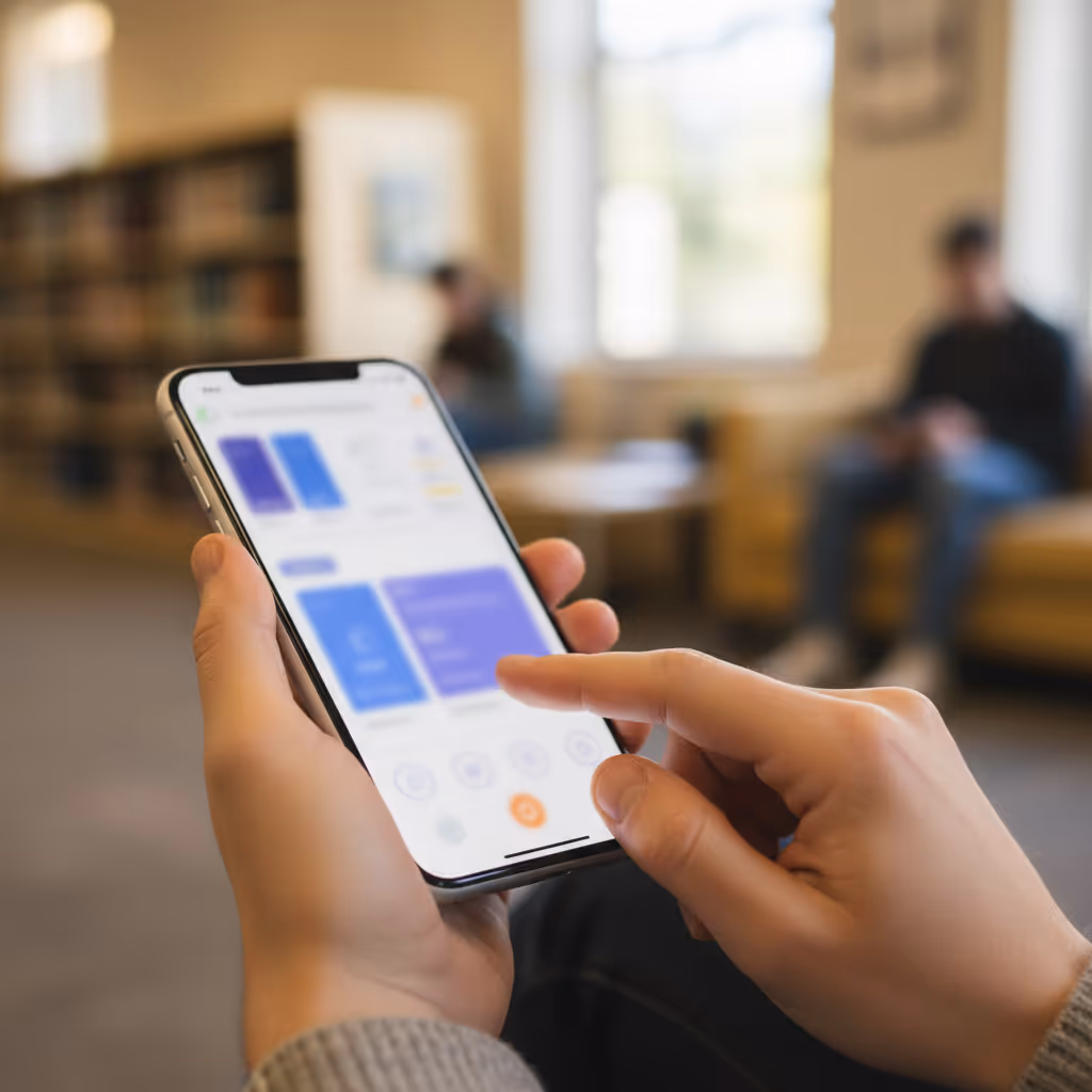 Close-up of user interacting with smartphone connected to Purple WiFi in Colleges setting