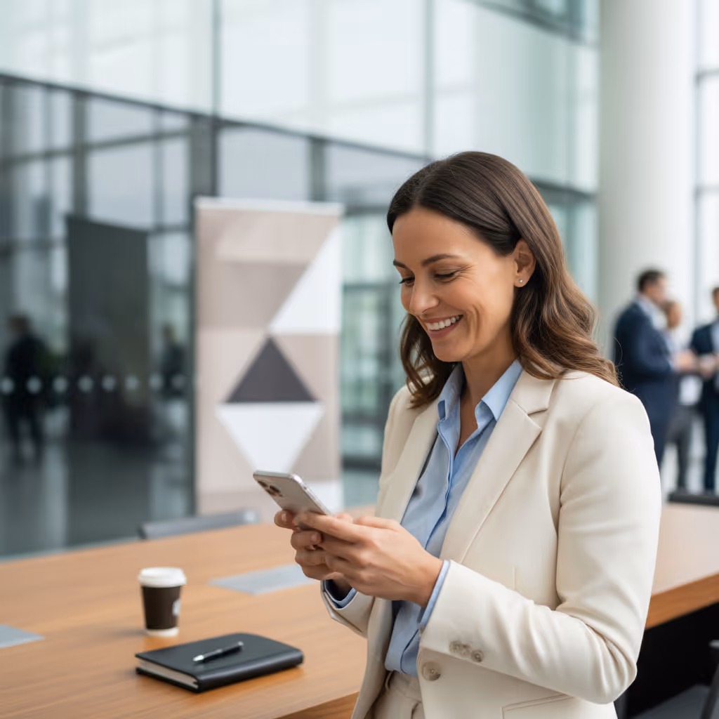 Professional using smartphone with Purple WiFi in Conference Centres environment