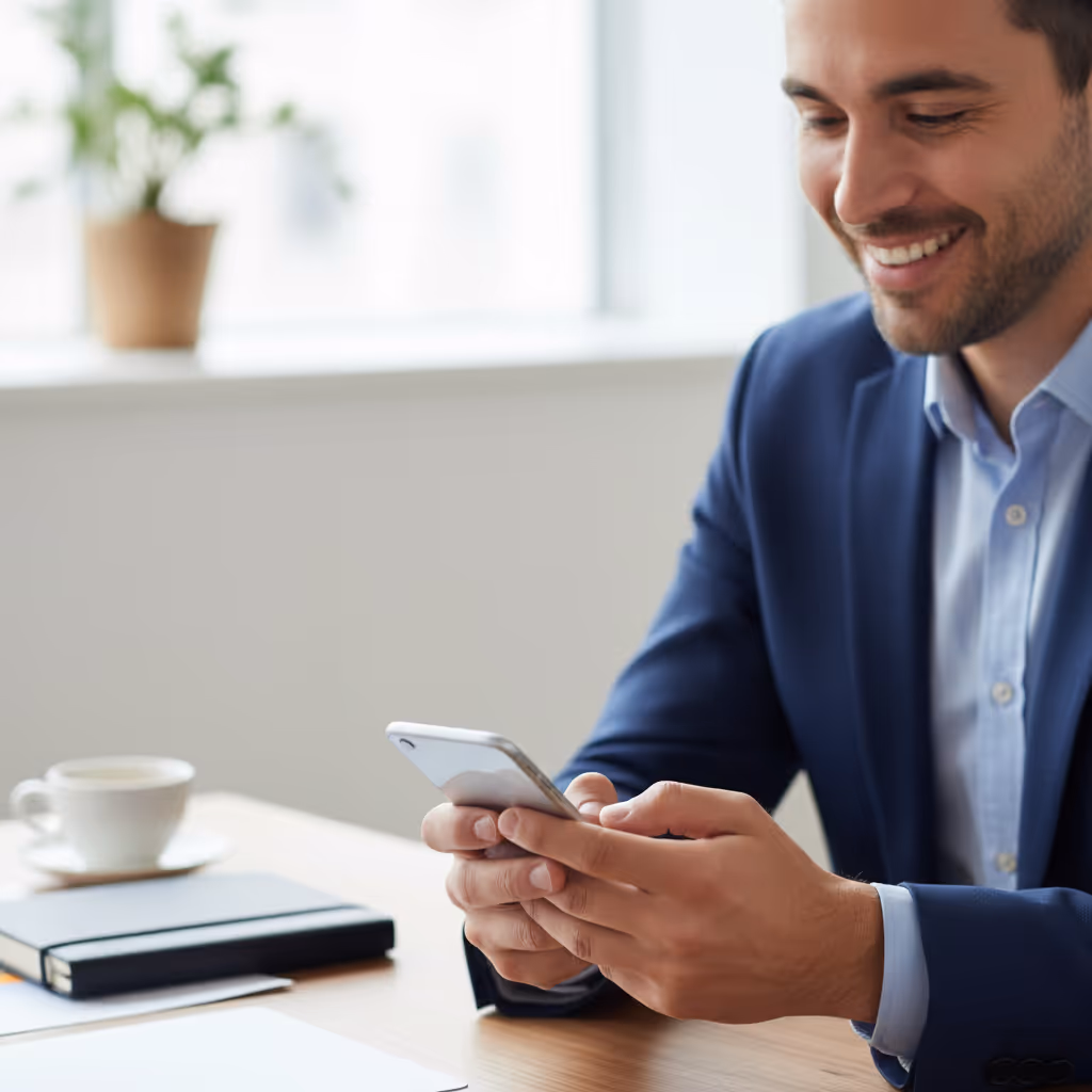 Professional using smartphone with Purple WiFi in Corporate Offices environment