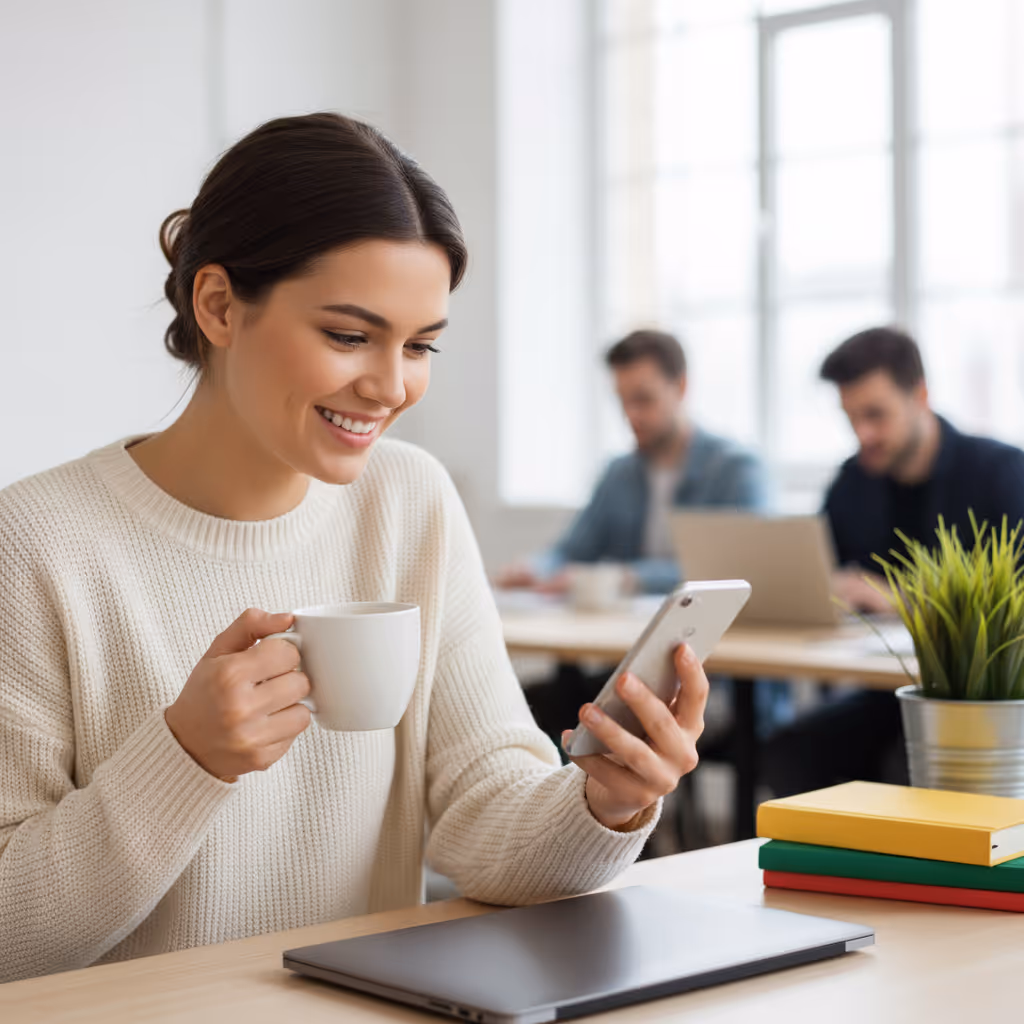 Professional using smartphone with Purple WiFi in Coworking Spaces environment