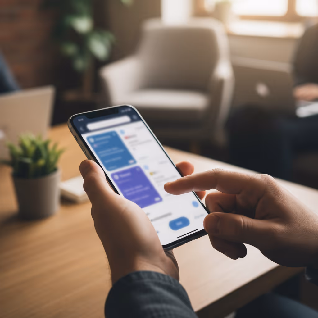 Close-up of user interacting with smartphone connected to Purple WiFi in Coworking Spaces setting