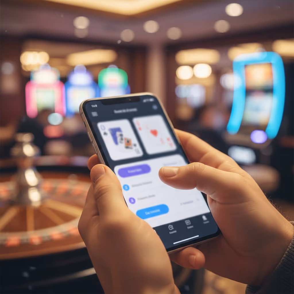 Close-up of user interacting with smartphone connected to Purple WiFi in Gambling setting