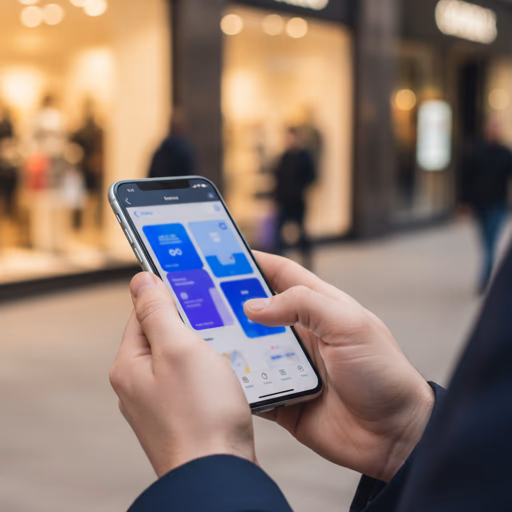 Close-up of user interacting with smartphone connected to Purple WiFi in High Street Retail setting
