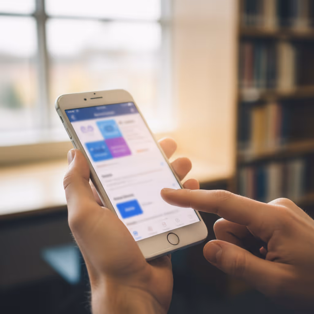 Close-up of user interacting with smartphone connected to Purple WiFi in Higher Education setting
