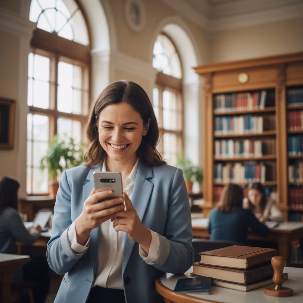 Professional using smartphone with Purple WiFi in Libraries environment