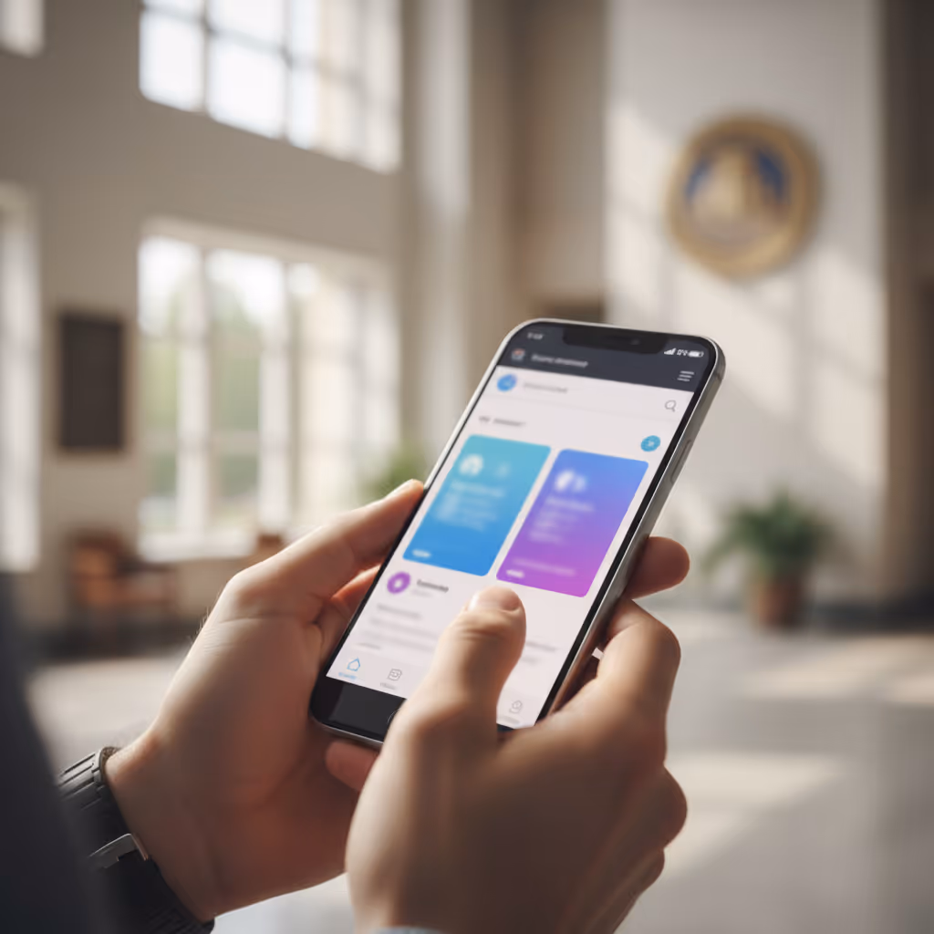 Close-up of user interacting with smartphone connected to Purple WiFi in Local Government setting