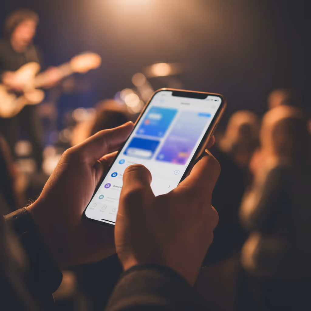 Close-up of user interacting with smartphone connected to Purple WiFi in Music Venues setting