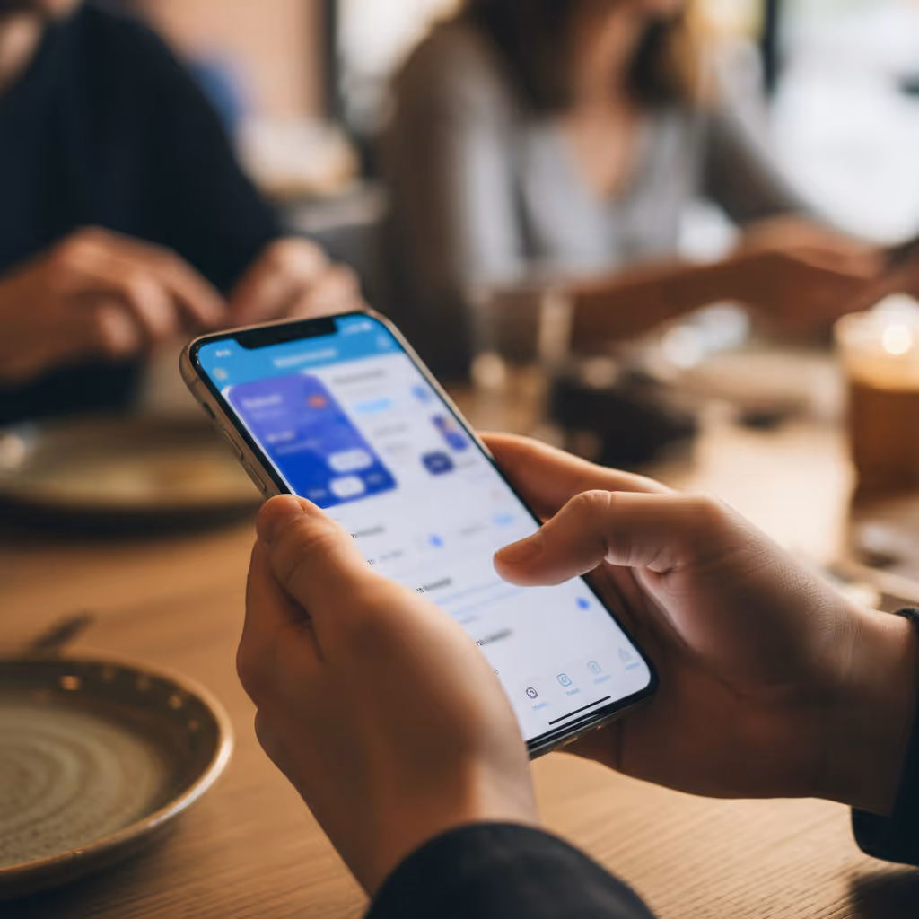 Close-up of user interacting with smartphone connected to Purple WiFi in Restaurants setting