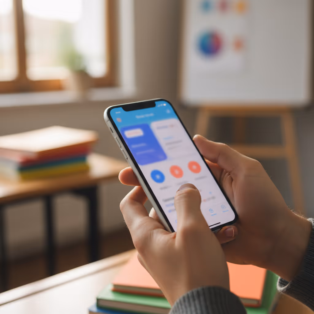 Close-up of user interacting with smartphone connected to Purple WiFi in Schools setting