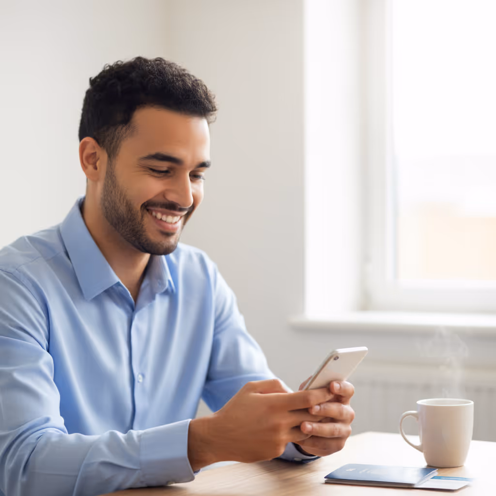 Professional using smartphone with Purple WiFi in Social Housing environment