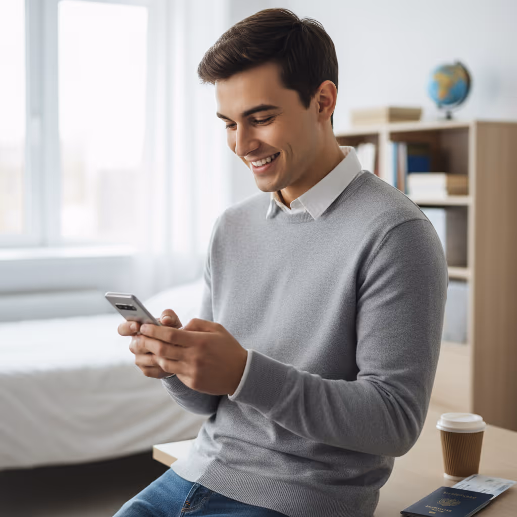 Professional using smartphone with Purple WiFi in Student Accommodation environment