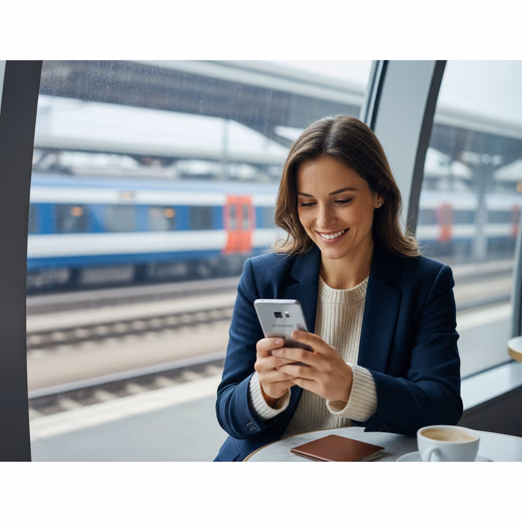 Professional using smartphone with Purple WiFi in Trains environment