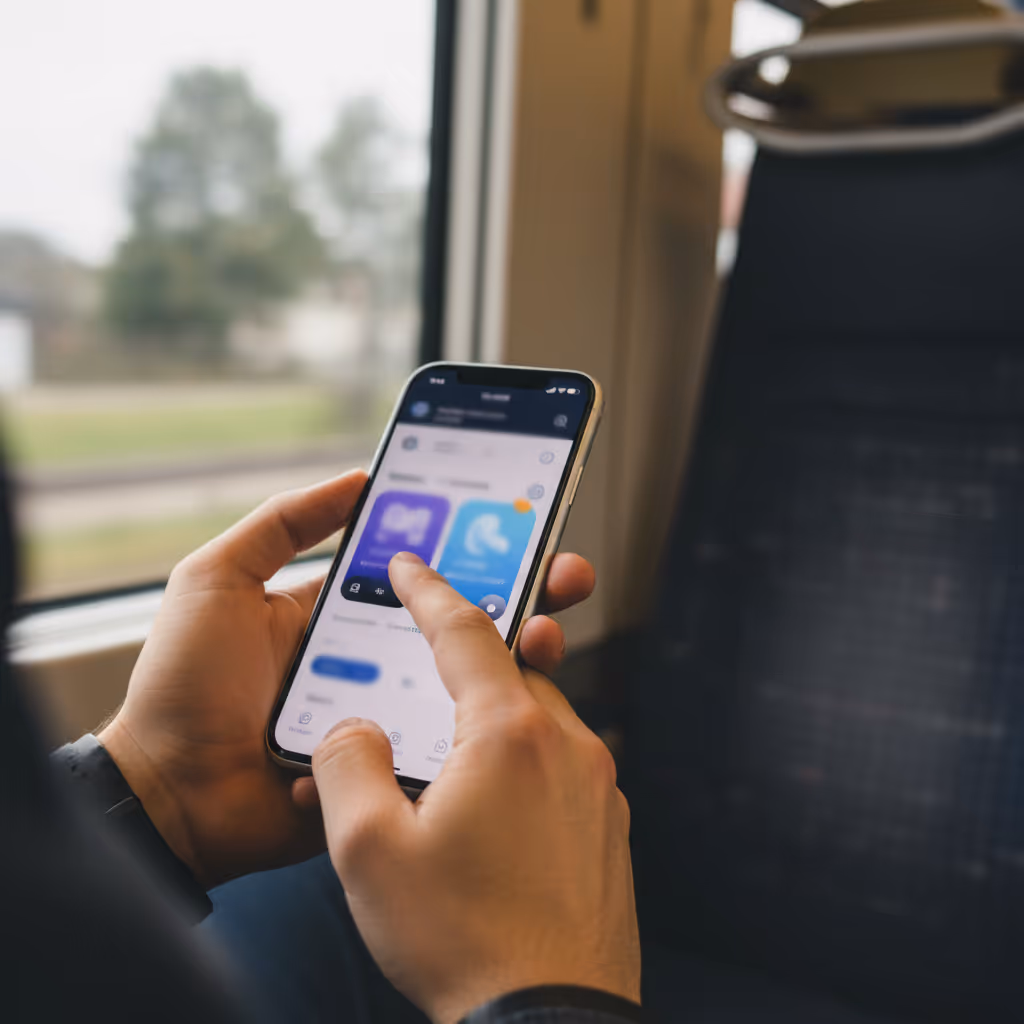 Close-up of user interacting with smartphone connected to Purple WiFi in Trains setting