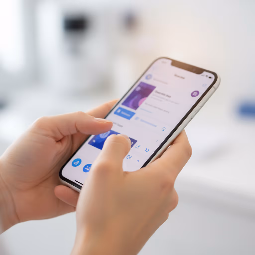 Close-up of user interacting with smartphone connected to Purple WiFi in Healthcare setting