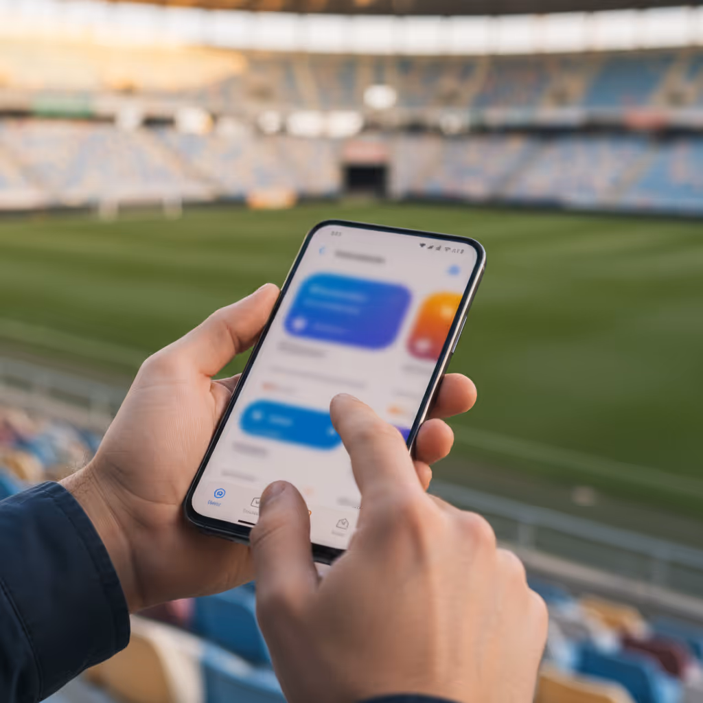 Close-up of user interacting with smartphone connected to Purple WiFi in Stadiums setting