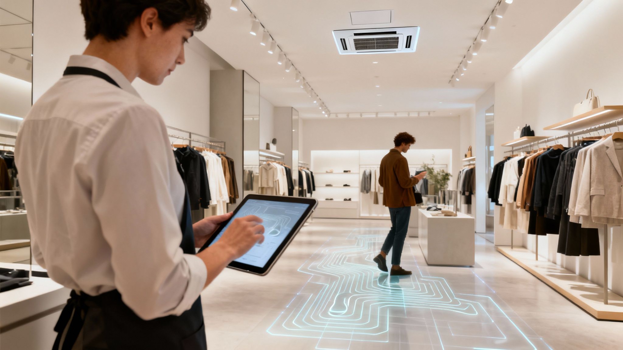 An employee in a modern store tracks a customer's path using a tablet with glowing floor lines.