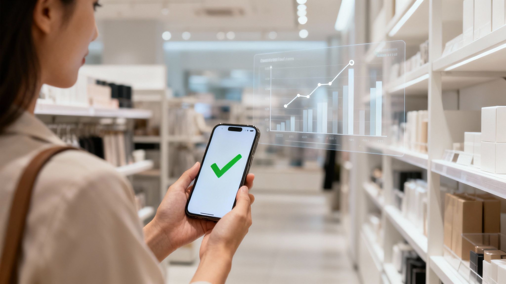 Woman holding a smartphone with a green checkmark, viewing a holographic sales graph in a retail store.
