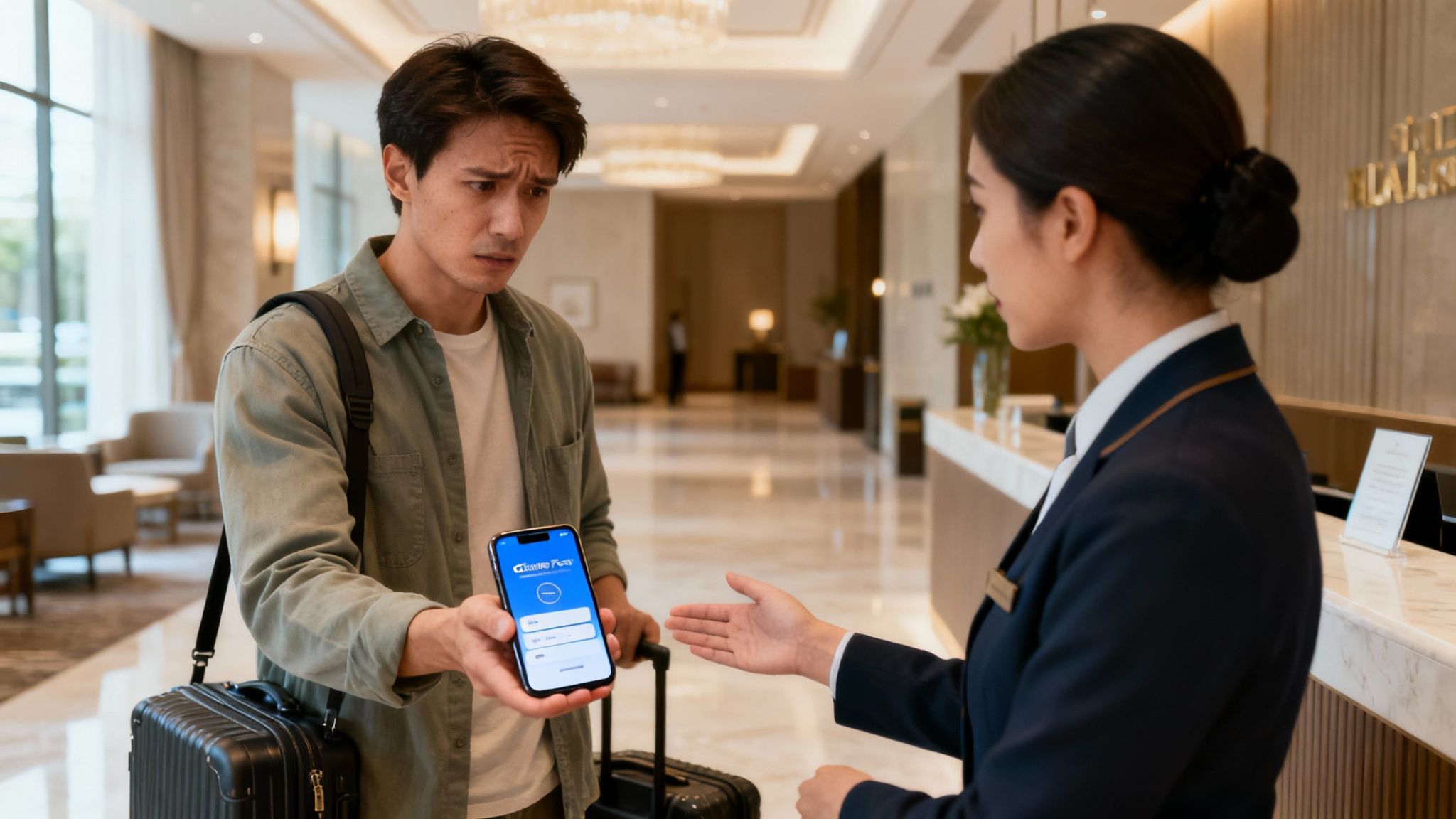 A confused man at a hotel check-in desk shows a login issue on his phone to a receptionist.