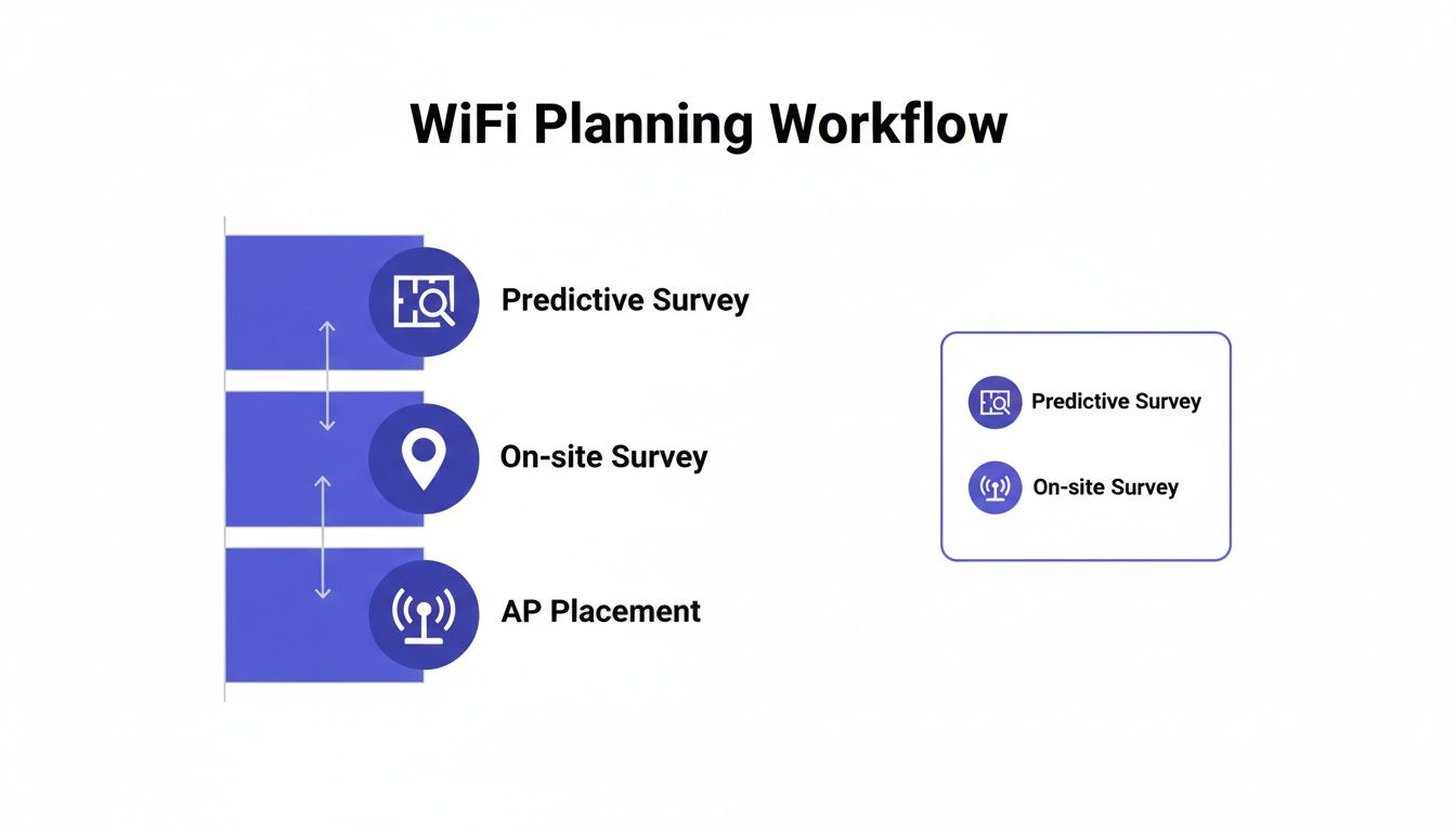 Workflow diagram detailing WiFi planning steps: Predictive Survey, On-site Survey, and AP Placement.