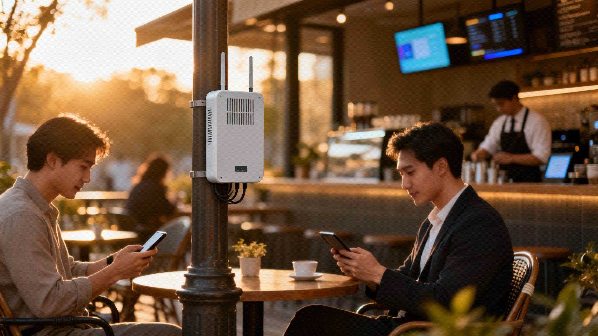 Two men use smartphones at an outdoor cafe with a pole-mounted access point providing public Wi-Fi.