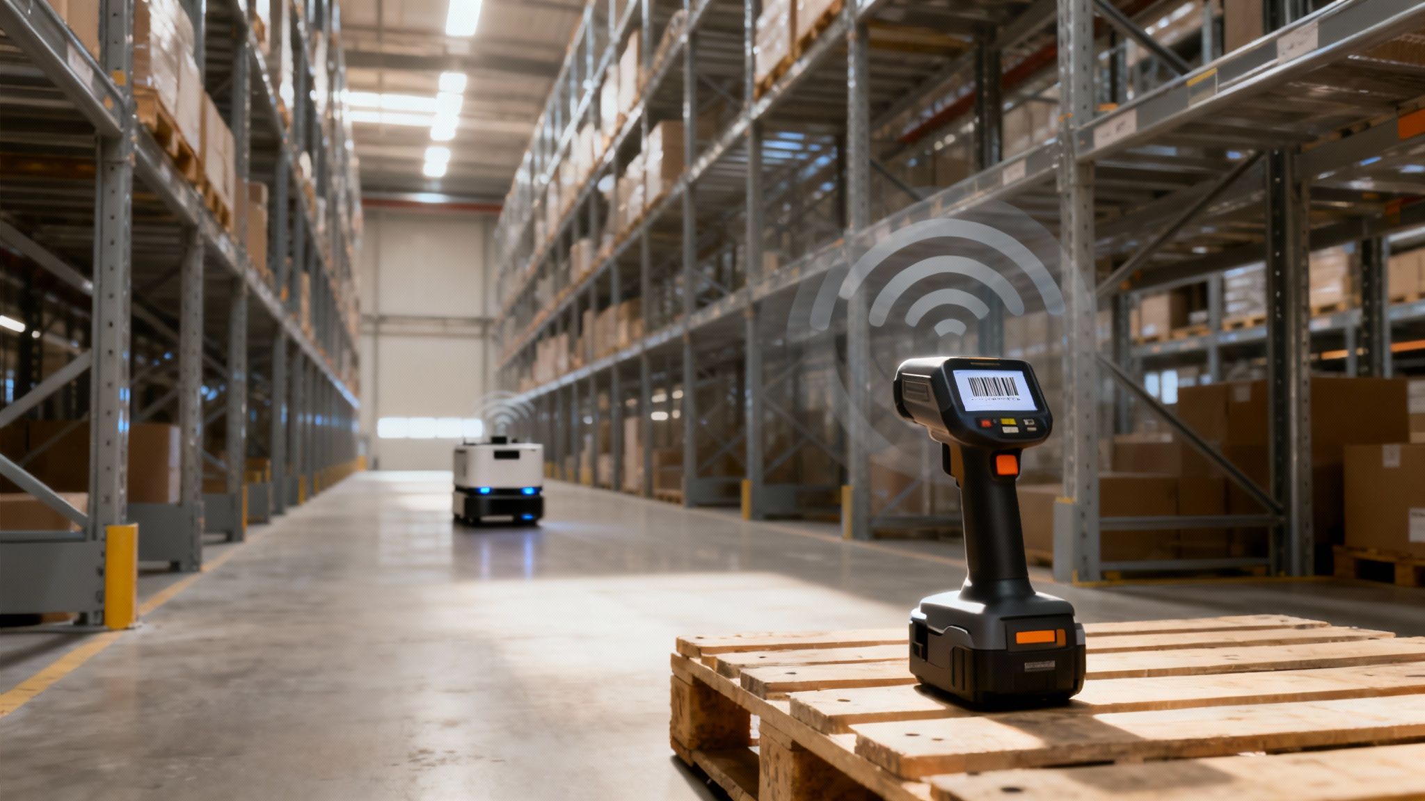 A modern warehouse featuring an automated robot, a handheld scanner on a pallet, and tall shelves filled with boxes, highlighting wireless inventory management.
