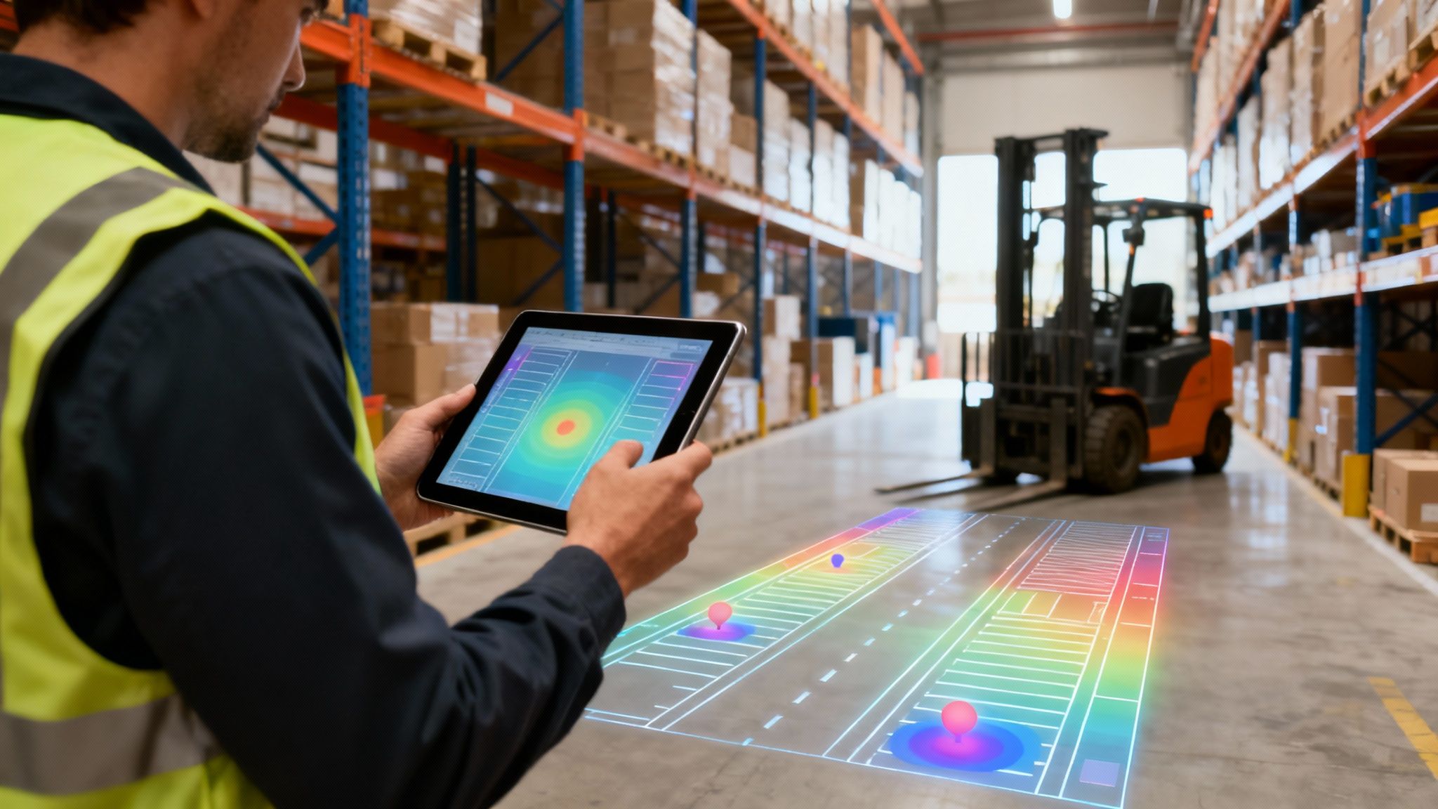 A warehouse worker uses a tablet with augmented reality to manage inventory and monitor a smart warehouse.