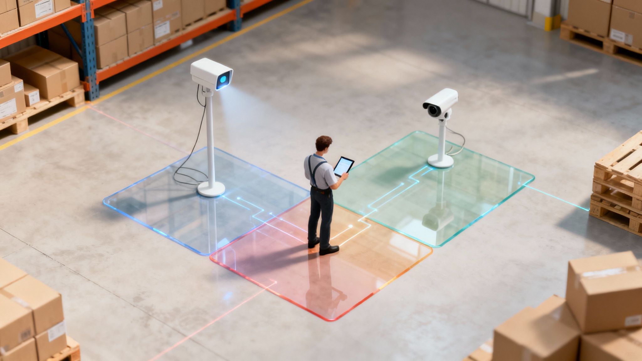 An overhead shot of a person in a warehouse using a tablet, surrounded by smart sensors and security cameras.