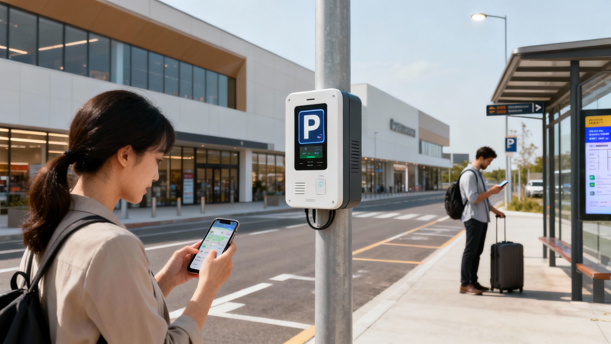 Woman on phone near smart parking and bus stop, man with luggage nearby.
