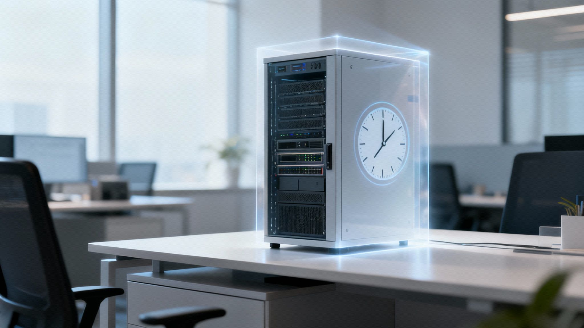 A server rack with a glowing blue outline and a digital clock on an office desk, symbolizing data timing.