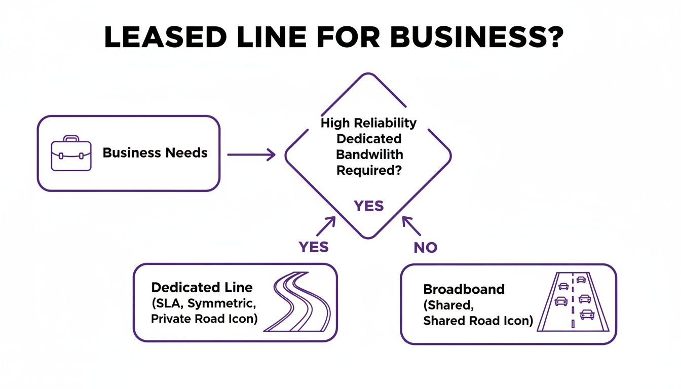 Flowchart explaining whether a business needs a leased line based on high reliability and dedicated bandwidth.