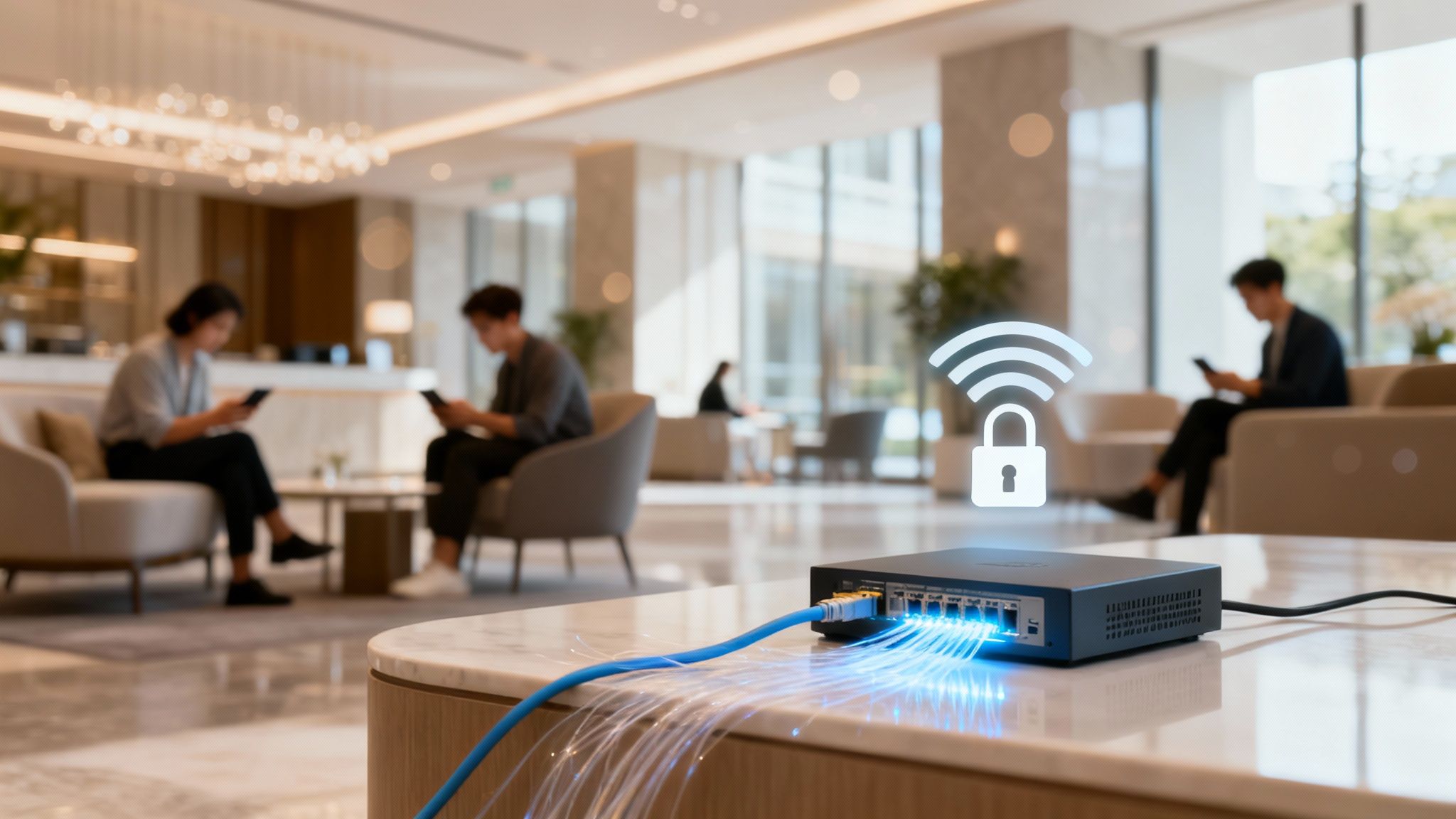 A network switch with glowing cables and a secure Wi-Fi icon, with people using devices in a modern business lounge.