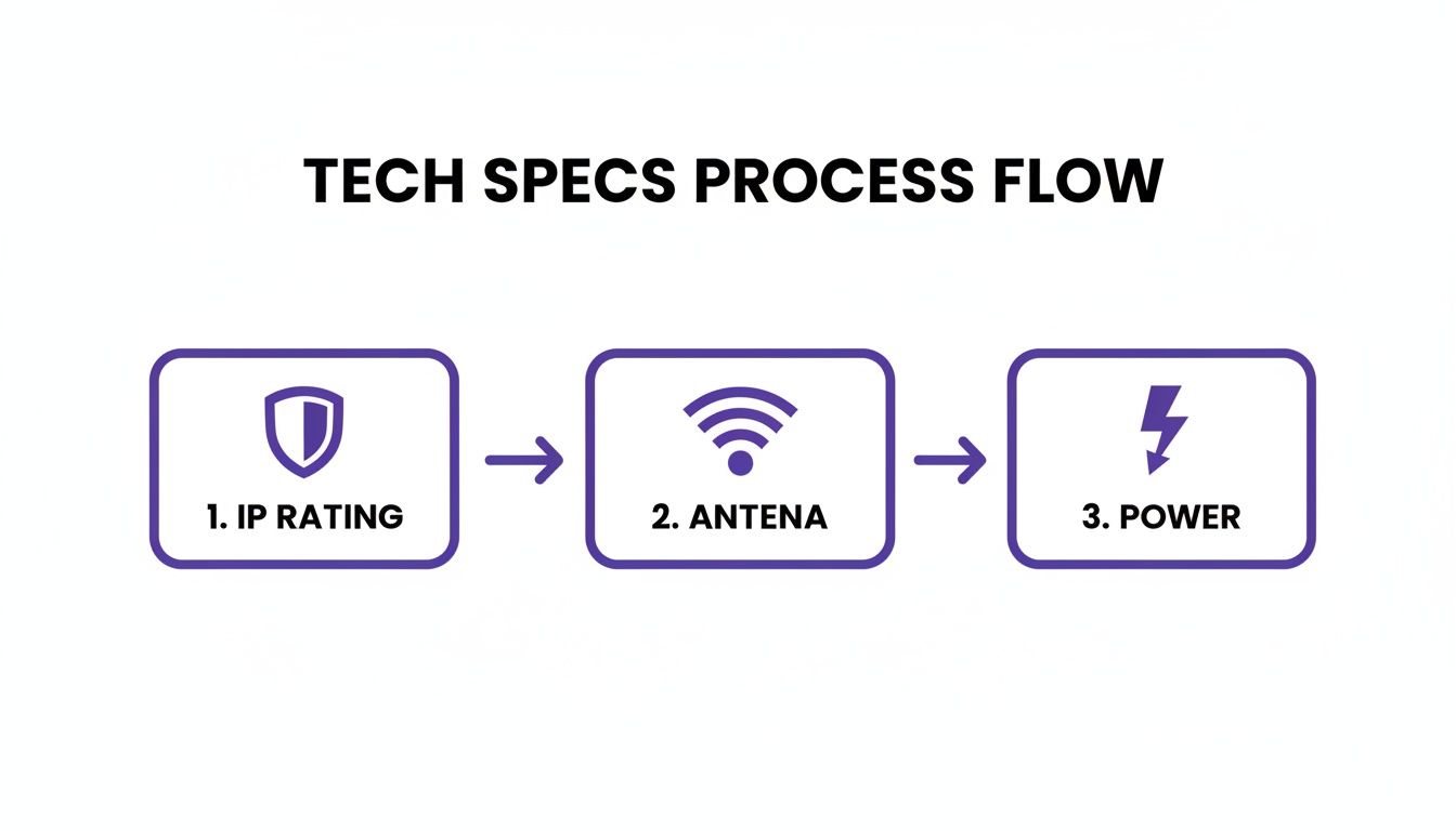 Process flow diagram illustrating tech specifications for IP Rating, Antena, and Power in a sequential order.