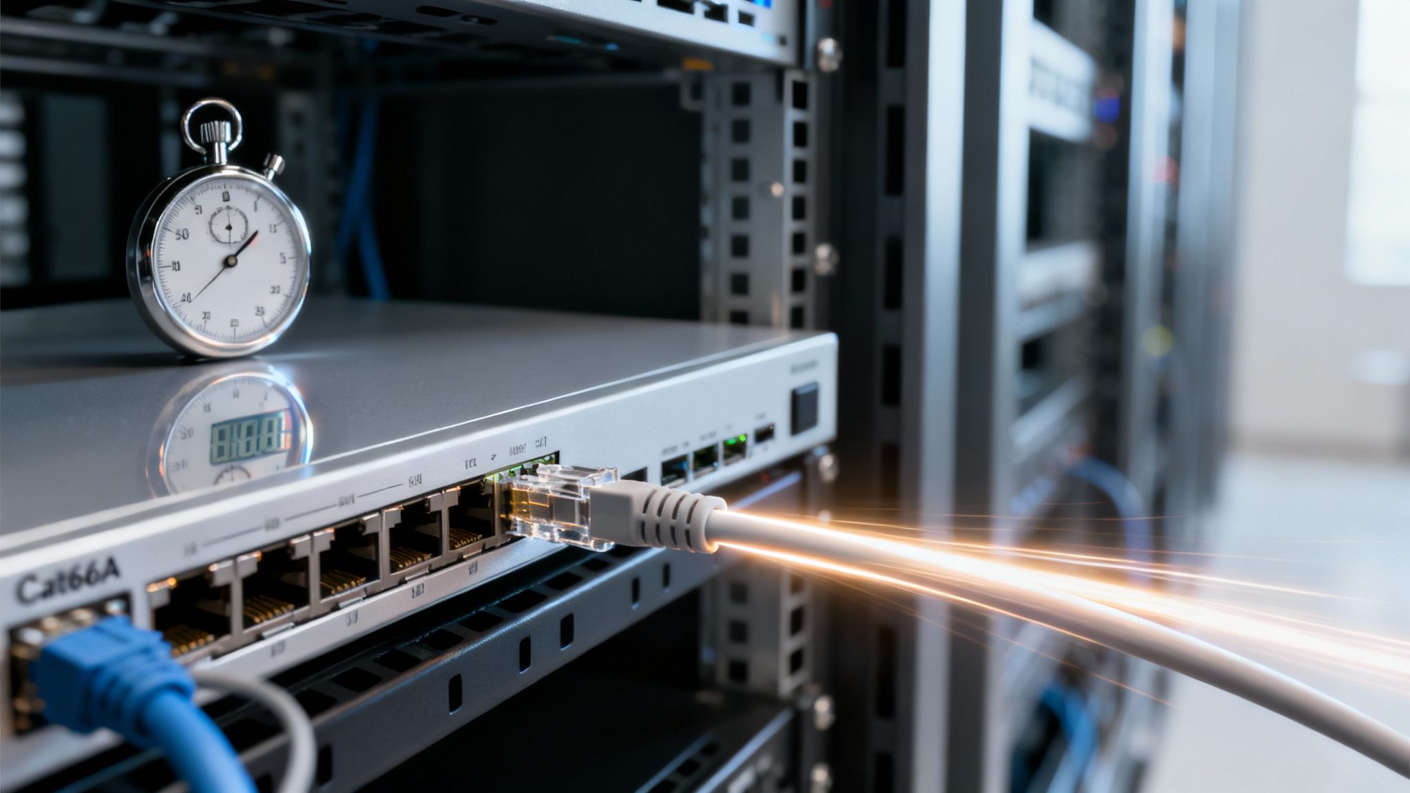 Stopwatch on a network switch with a glowing Ethernet cable, symbolizing fast data transfer in a server room.